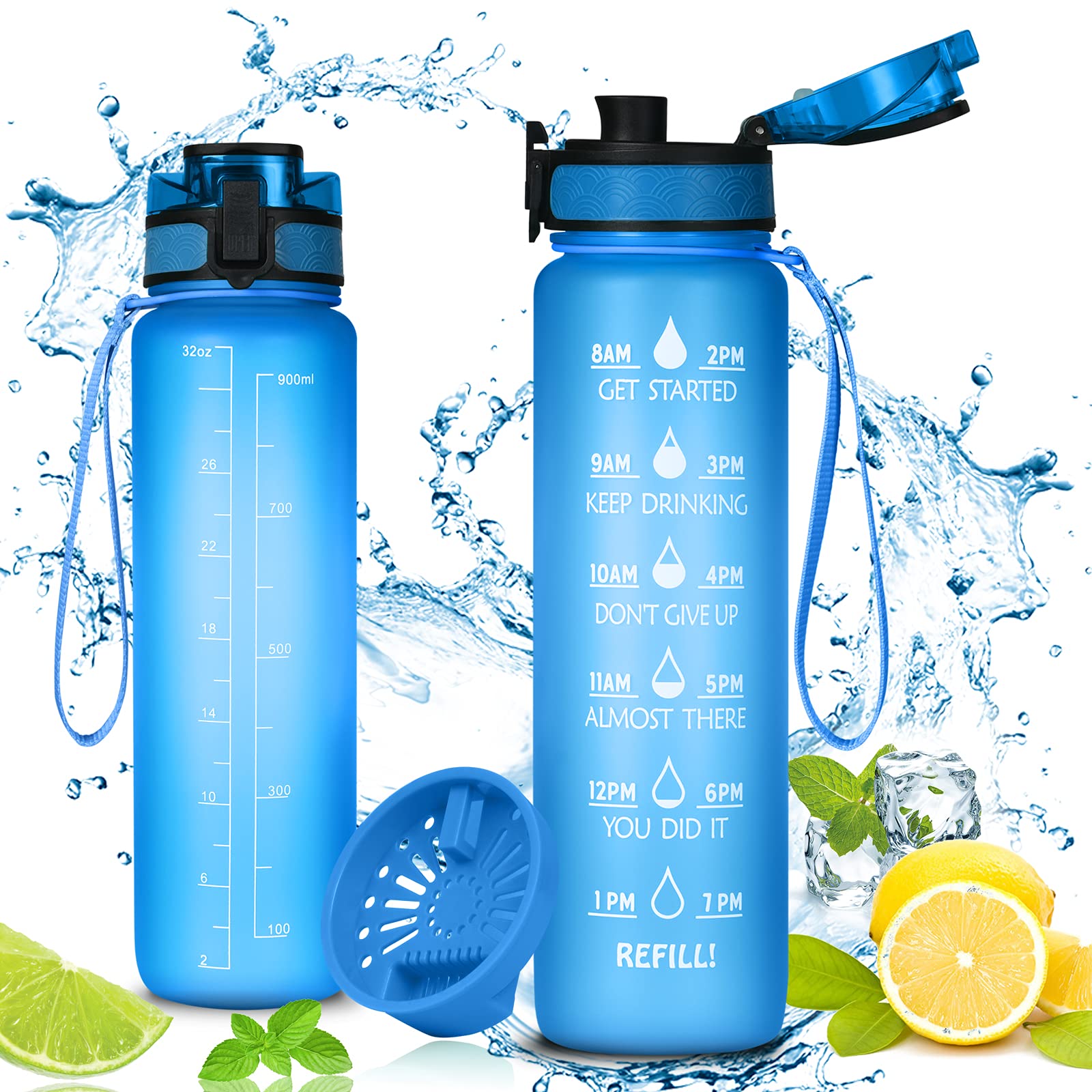 flintronic 1000ml Leakproof Best Sports Water Bottle Leak Proof, BPA Free Tritan Plastic Eco-Friendly Drink Bottles with Filter & Time Marker, One Click Flip Lid, Lid for Gym Yoga Fitness Camping