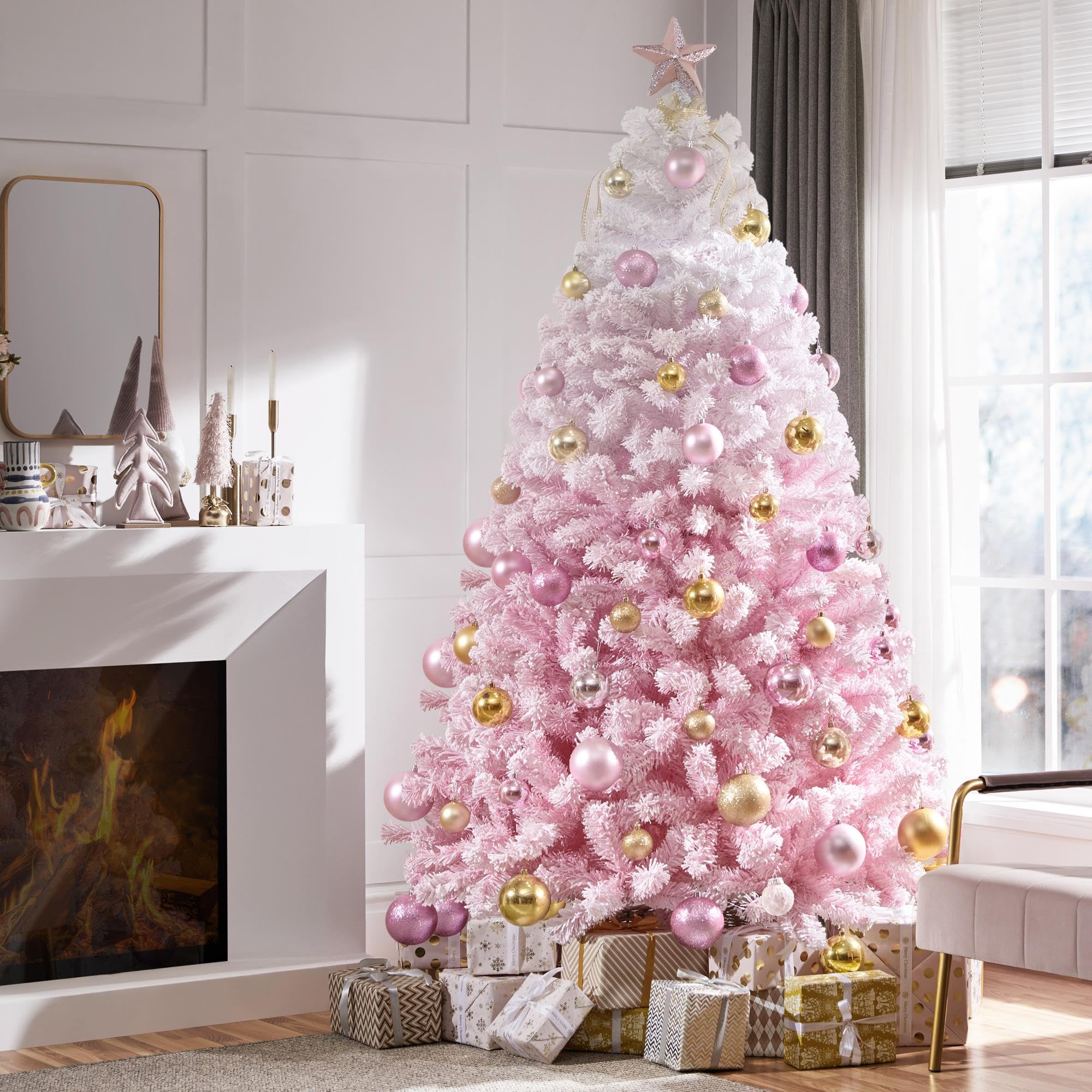 Yaheetech 7.5ft Premium Snow Flocked Artificial Christmas Tree Hinged Pine Full Holiday Xmas Tree for Home Office Party Decoration w/1284 Branch Snow Tips & Metal Stand, Pink Gradient & White Image