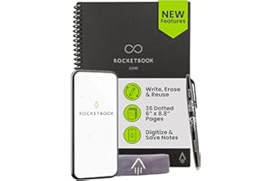 Rocketbook New Core Reusable Spiral Notebook, Executive Size 6x8.8, Black - Dotted Pages, App-Connected, Erasable, Durable Cover, Ideal for School, Work, and Creative Projects