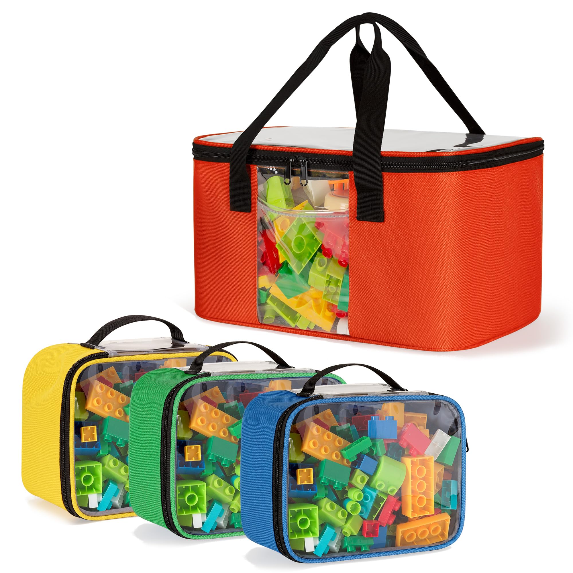 Rexmica Large Toy Storage Organiser Bag with 3 Small Zipper Bags Compatible with Building Bricks, Building Blocks, Dolls, Toy Car, Magnetic Blocks, Board Game Storage, On the Go Toy Travel Bag