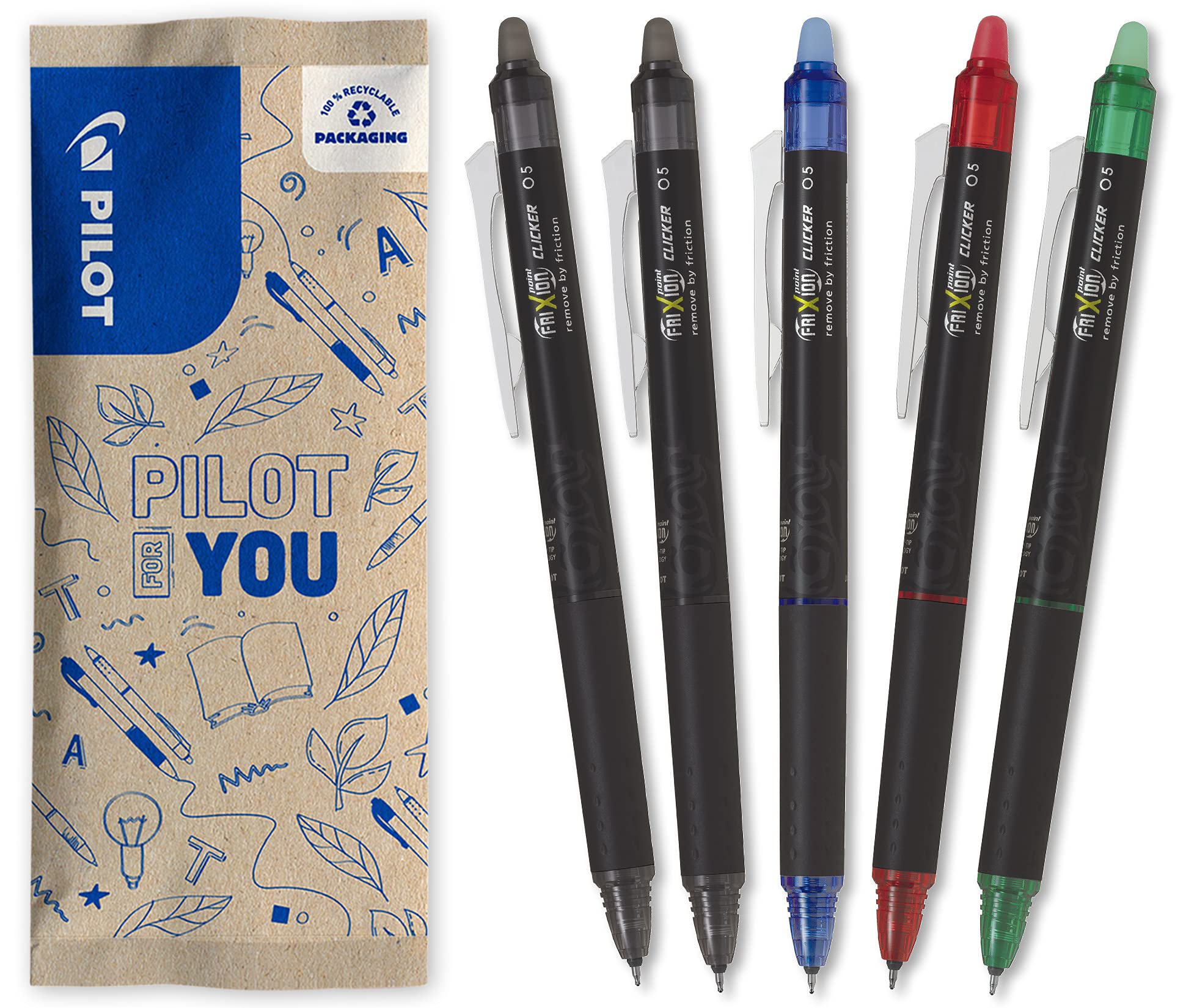 PILOT - Pack of 5 - FriXion Point Clicker 0.5 - Retractable, Erasable Thermo Sensitive Ink Pen - 2 Black, Blue, Red, Green - Refillable Pen - Fine Point
