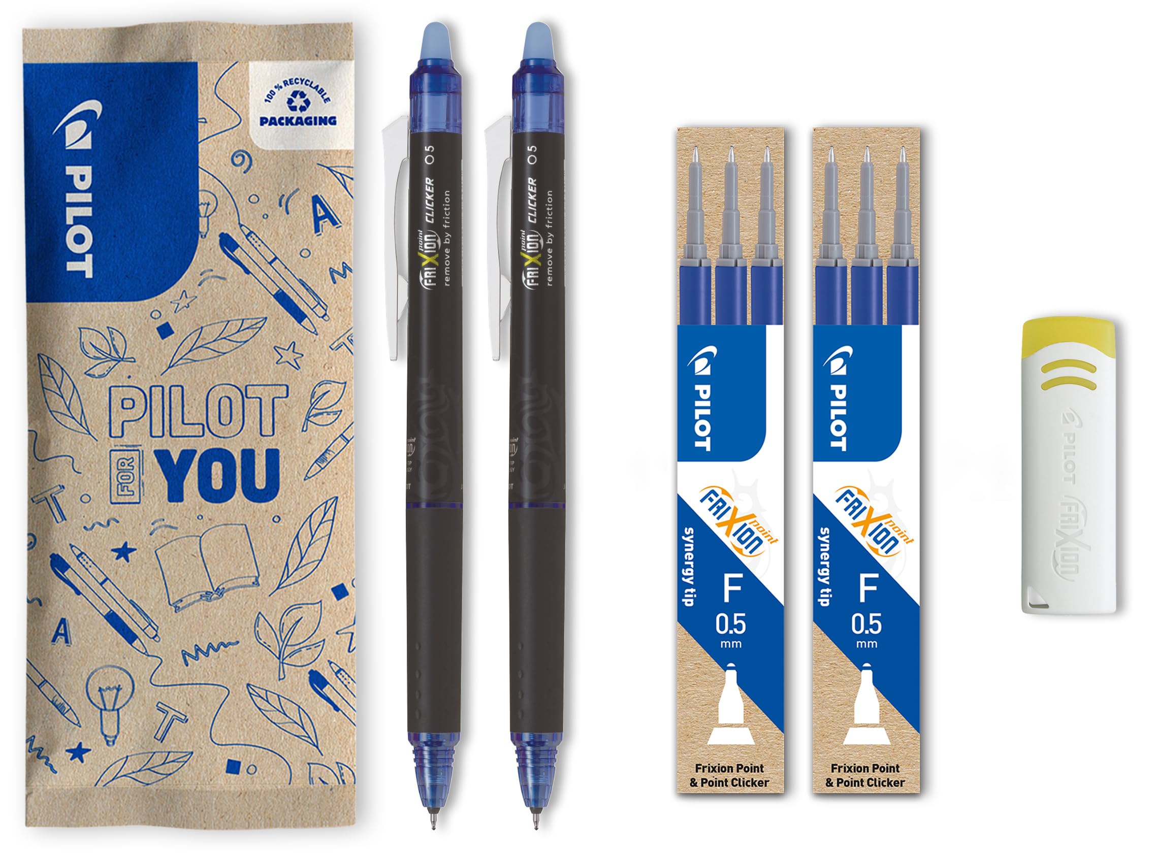 PILOT - Set of 2 FriXion Point Clicker 0.5 - Erasable and retractable rollerball pen - 2 blue + 2 sets of 3 blue refills + eraser - Fine tip