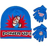 Nintendo Super Mario Bros. Winter Hat 2 Pair Gloves (Toddler/Little Boys), Size Age 4-7, Super Mario Gloves Set Blue