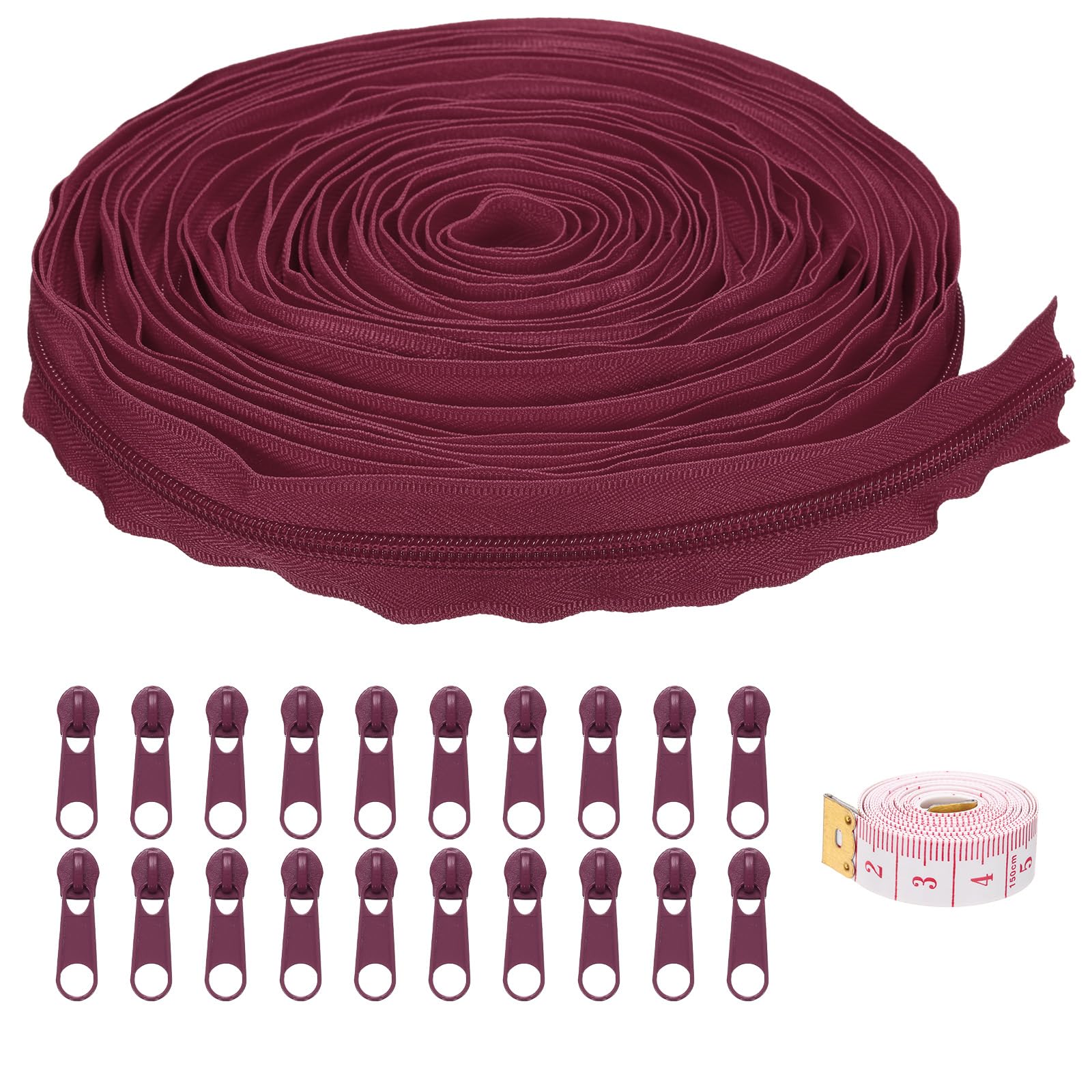 uxcell #5 10 Yards Nylon Coil Zippers, Bulk Coil Zipper by The Yards with 20 Pcs Zippers Sliders and Ruler for DIY Tailor Sewing Craft Bag Clothes, Wine Red