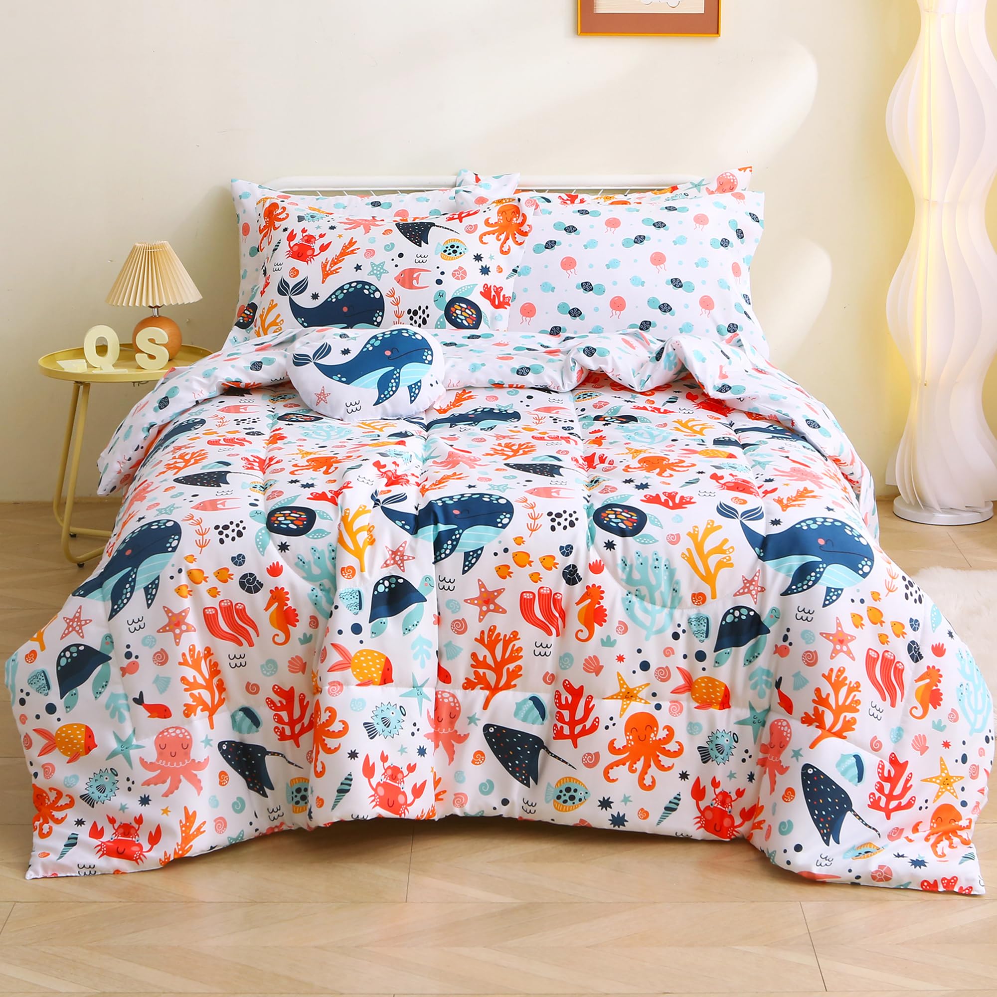 Mooreeke Twin Size Comforter Sets for Kids, 6 Pieces Bed in a Bag Under The Sea Party Bedding Comforter Sheet Set with Shams and Decorative Toy Pillow, Ultral Soft Microfiber Kids Bed Set Image