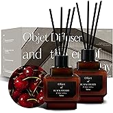 hetras Objet Diffuser Gift Set 6.7 fl.oz. 2 Pack | Black Cherry Scent | Long-Lasting Scented Room Fresheners with 8 Reed Sticks for Home Fragrance Bedroom Bathroom Shelf Décor