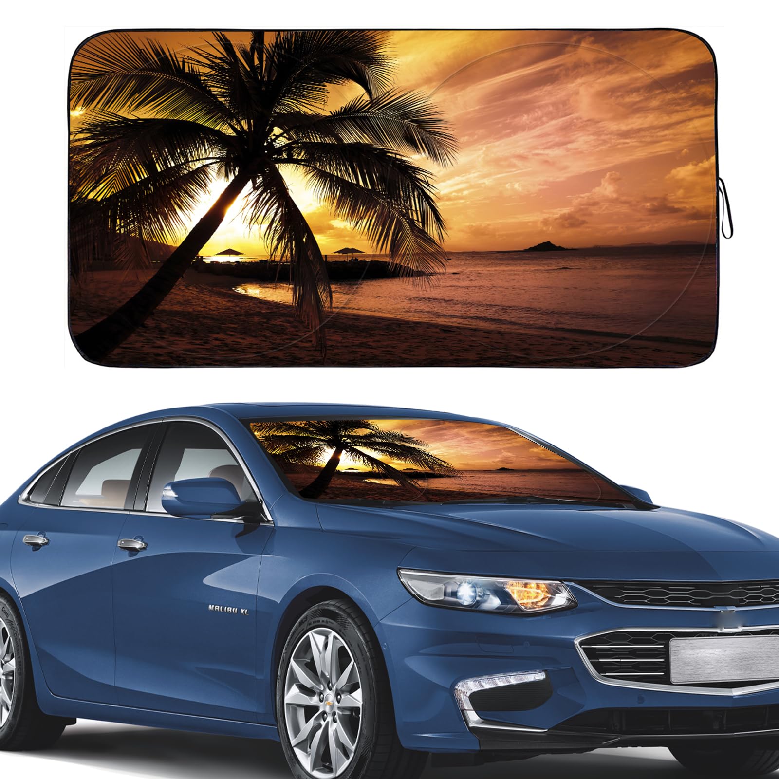 Photo 1 of Gven Windshield Sun Shade, Vehicle Car Sun Shade Windshield Funny Yellow Beach Foldable Car Sunshade for Trucks SUV Cars Blocks UV Rays Keep Your Vehicle Cool (Yellow Sunset, L)