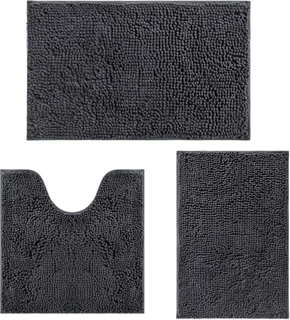 RUN HELIX Ultra Soft Chenille Bath Mat Set 3P Non Slip Dark Grey 40x60 50x50