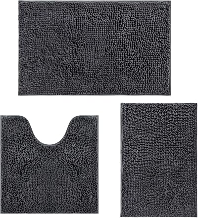 RUN HELIX Ultra Soft Chenille Bath Mat Set 3P Non Slip Dark Grey 40x60 50x50