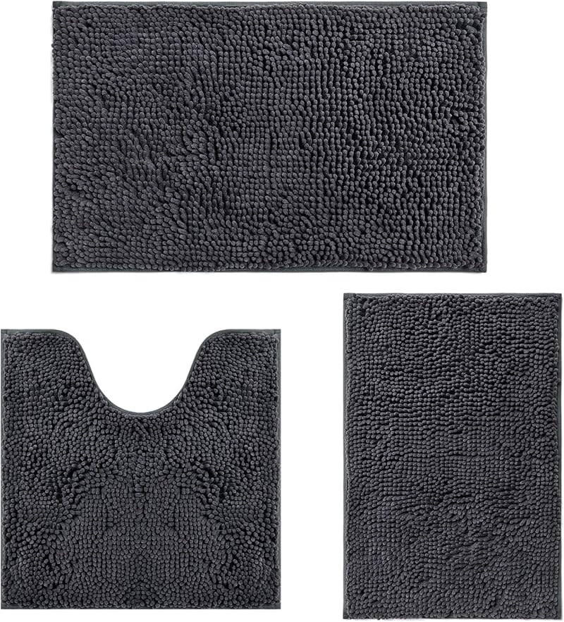 RUN HELIX Ultra Soft Chenille Bath Mat Set 3P Non Slip Dark Grey 40x60 50x50