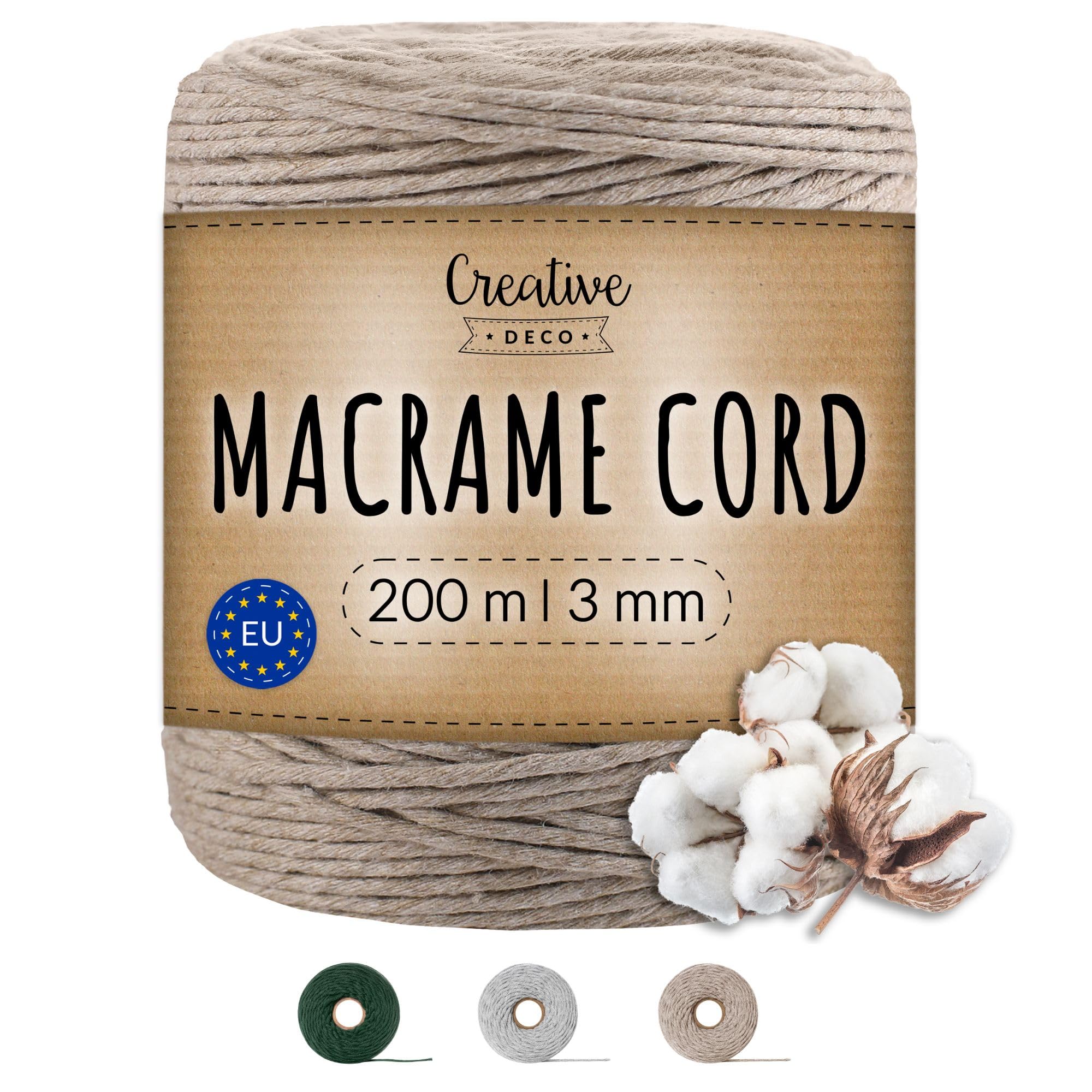 Creative Deco 656 Feet sand Macrame Cord | 200m | 3mm Thick | Cotton Rope 23 Ply String Yarn Twine Elastic Cord | for Easter, Art and Craft, DIY, Knitting, Gift Wrapping, Wall, Plant Hanger | Strong