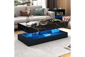 chartustriable 47.2" Large High-Glossy LED Coffee Table with 2 Sliding Drawers, Living Room Storage Coffee Tables with Marbling Print, Modern Stylish Double-Layer Center Tables w/LED Lights, Black
