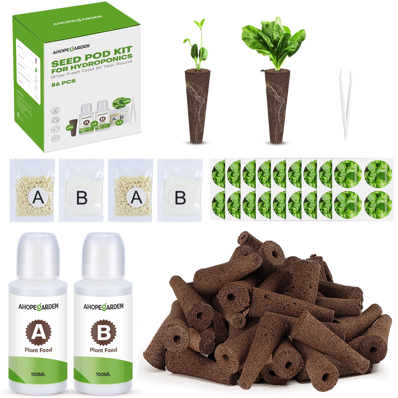 Photo 1 of Ahopegarden 86PCS Hydroponic Pods Kit: Compatible with Aerogarden, iDOO, Most Brand Hydroponics Growing System, Indoor Herb Garden Supplies Includes Grow Sponges, Labels, A&B Plant Food, Tweezer
