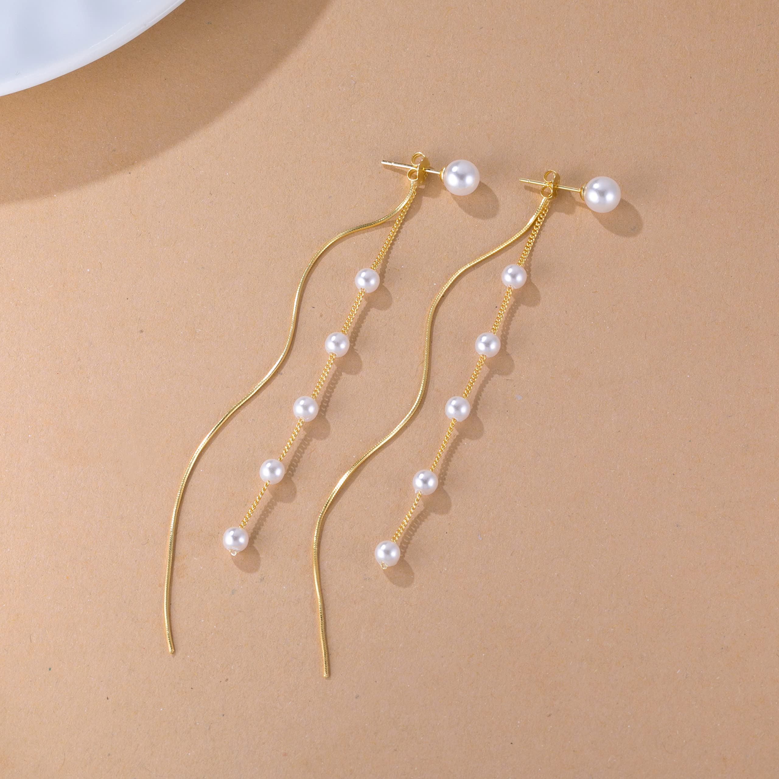 SLUYNZ Solid 925 Sterling Silver Simulated Shell Pearl Dangle Earrings for Women Teens - Elegant Long Chain Tassel Wedding Earrings