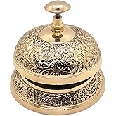 Desk Bell Brass Vintage Floral Embossed Solid Brass Call Bell for Office Hotel and Counter D&eacute;cor Antique Reception Bell with Traditional Artwork Loud Ring Service and Decorative Ornate Design
