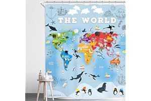 Homewelle Kid Cartoon Animal World Map Shower Curtain Cute Sea Animals Nautical Wildlife Ship Antarctica Educational Tools Geography 60Wx72H Inch for Children Waterproof Polyester Bathroom Bathtub