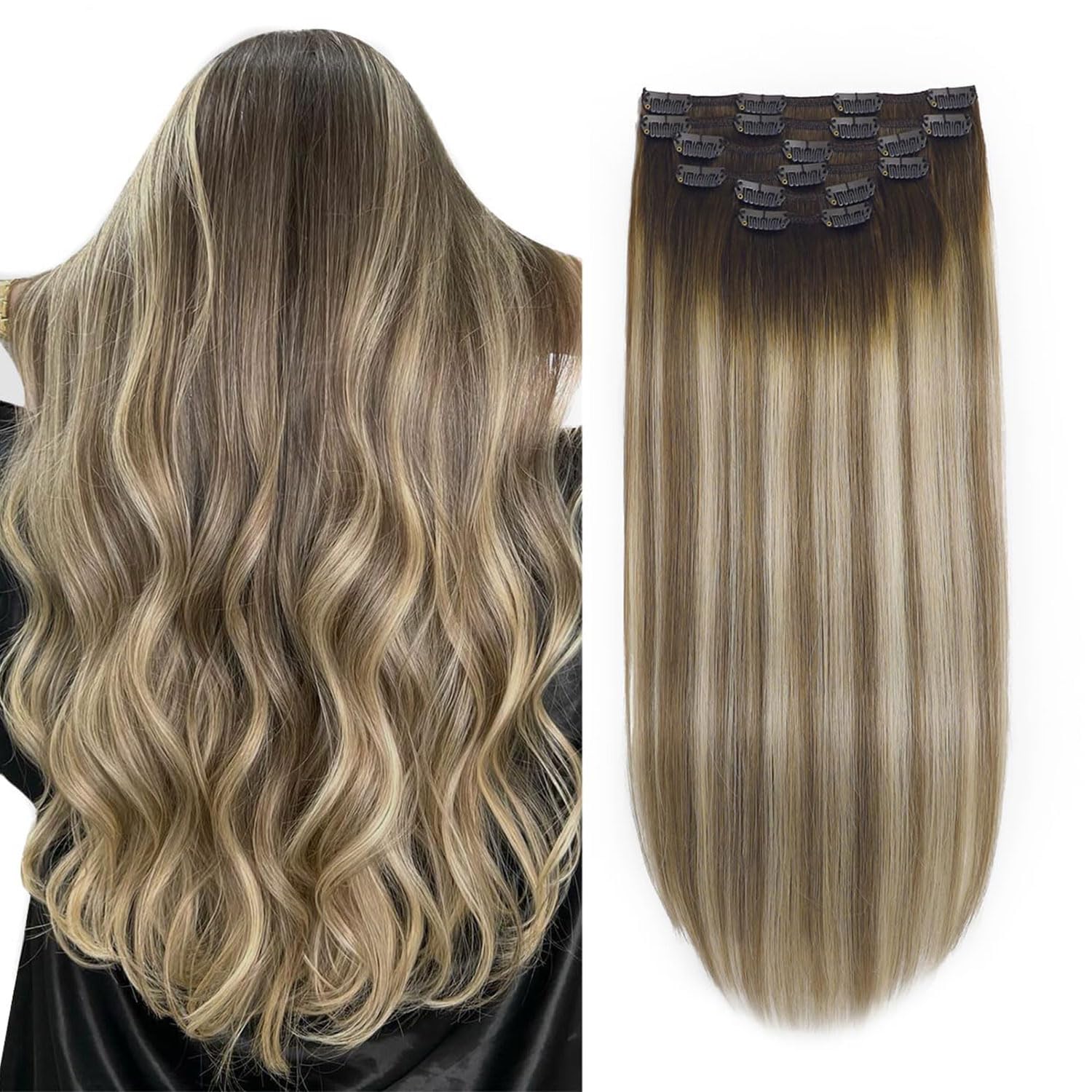 XDhair Clip in Hair Extensions Human Hair 22Inch 120g 6Pcs Clip in Remy Human Hair Extension ,Balayage Walnut Brown to Ash Brown Mixed Blonde for Fashion Women #3/8/22 22inch
