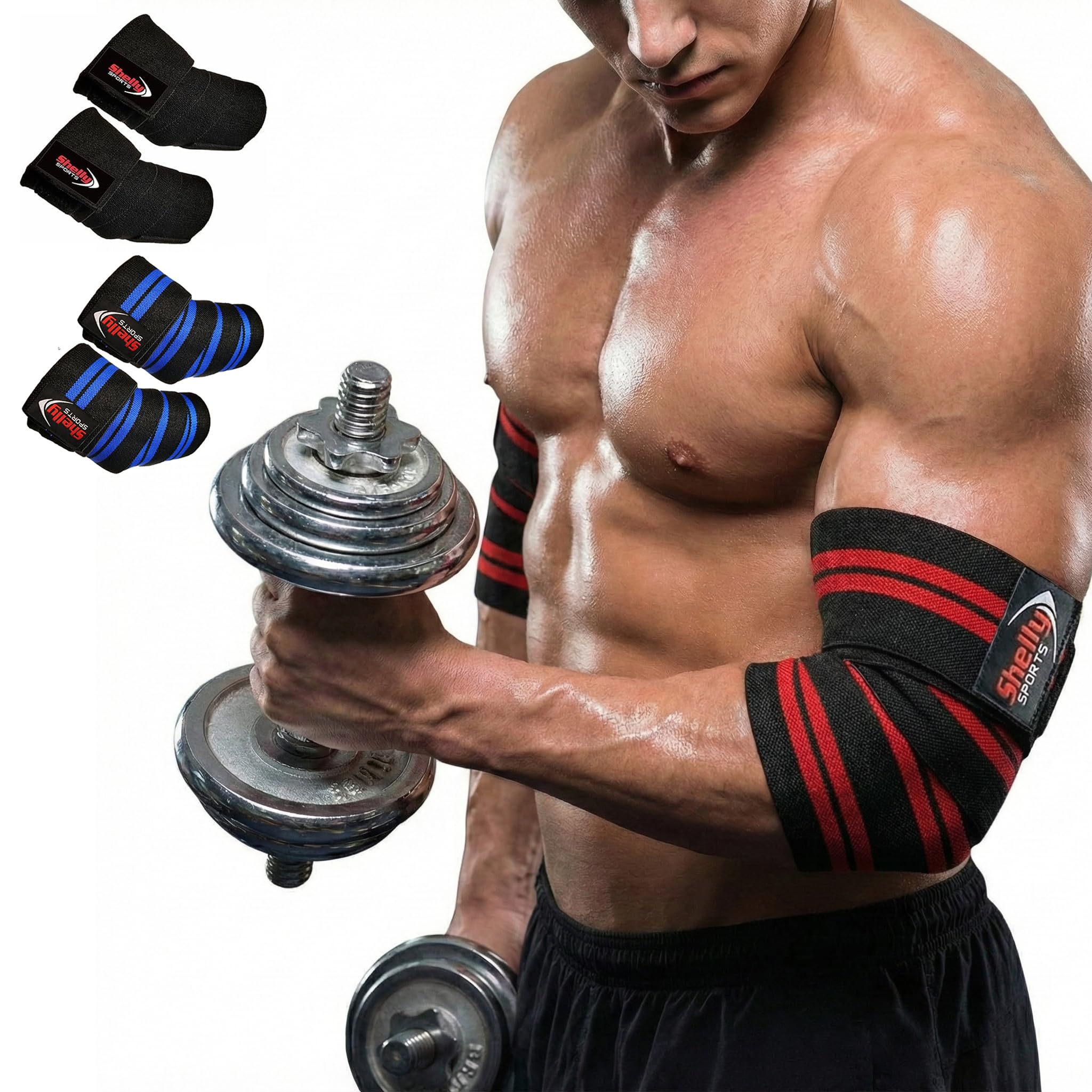 Shelly Elbow Wraps for Weightlifting – Heavy Duty Adjustable Elbow Support Straps for Gym, Bodybuilding, Cross Training, Powerlifting – Workout Brace Protector (Pair, Red)