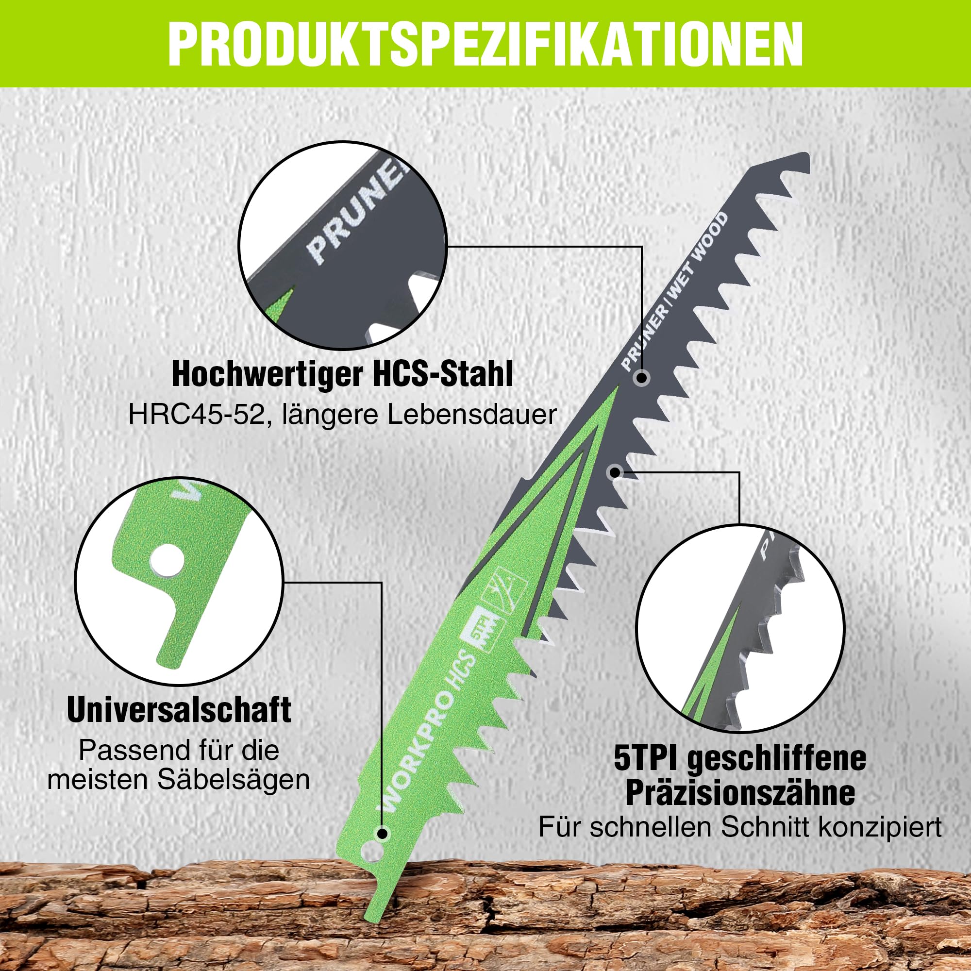 WORKPRO Säbelsägeblätter Set 5-teilig, Sägeblatt 152mm 5TPI aus HCS, zum Schneiden vom Zweigen, Kompatibel mit gängigen Säbelsägen 3
