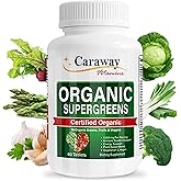 Organic Superfoods Vitamins Super Greens Complex by Caraway Vitamins 1,350 mg per Serving 28 Fruits Vegetables Greens 60 Count Tablets Non-GMO Natural for Men & Women