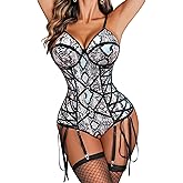 Avidlove Lingerie for Women Sexy Corset Garter Lingerie Set Snakeskin Bodysuit Teddy Boudoir Outfit