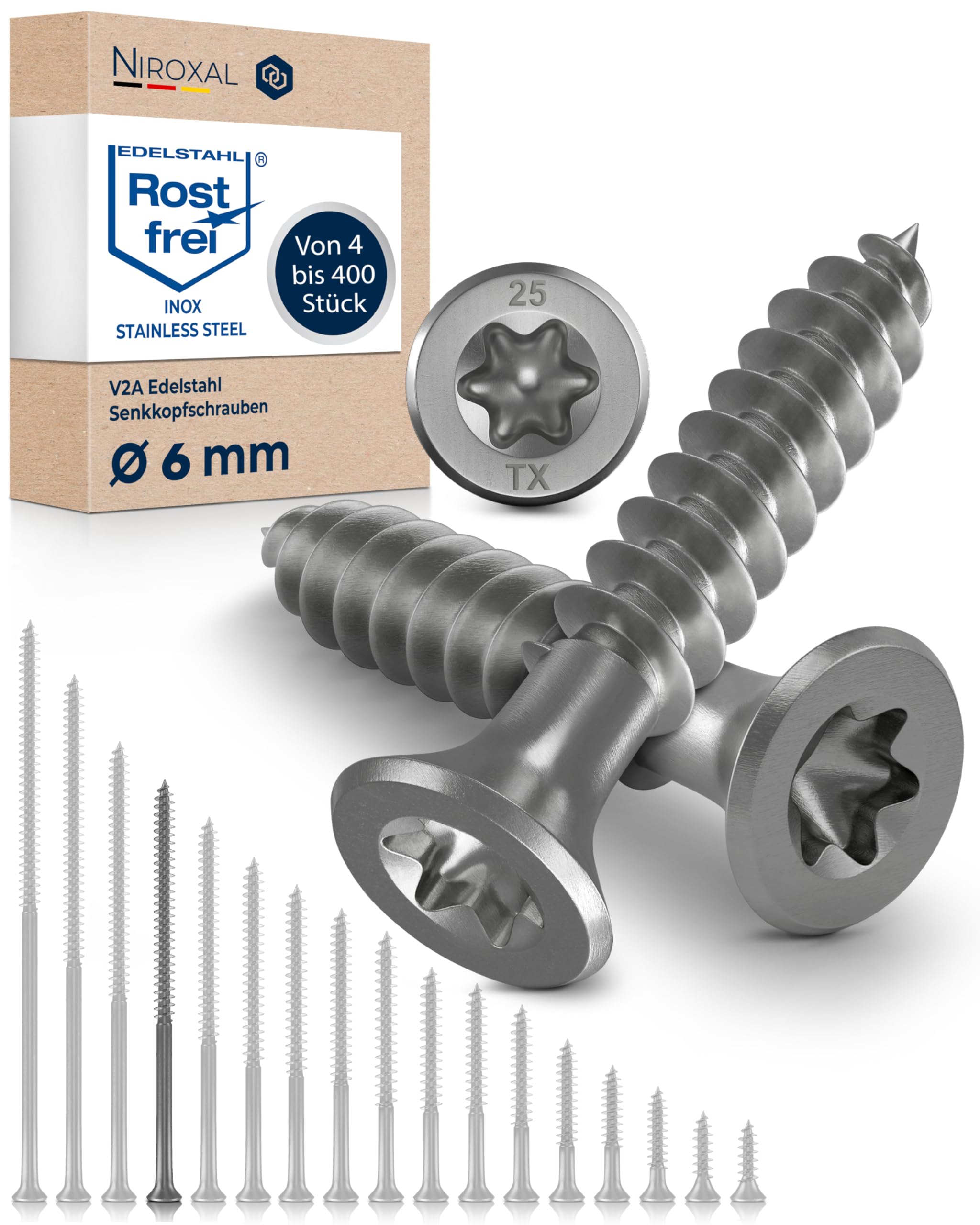 Wood Screws 6 x 120 mm TORX Countersunk Head Stainless Steel 304 Chipboard Screws Timber Screws Partial Thread Rustproof A2 400 Pack — image 1