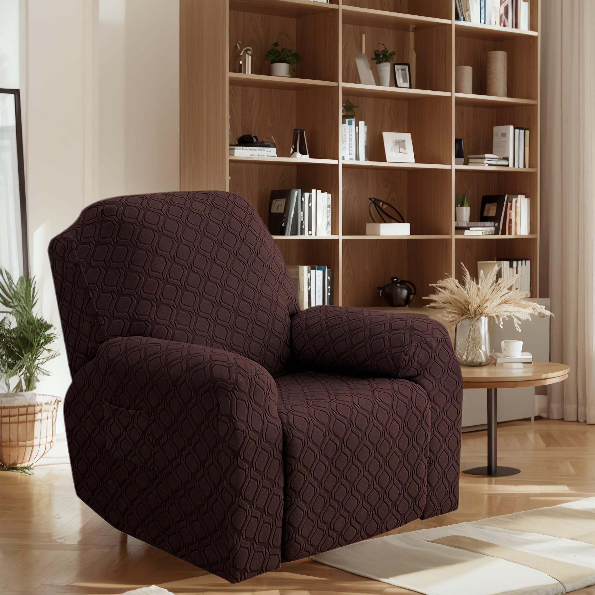 OKUYUK Recliner Chair Cover, 4-Pieces Stretch Recliner Covers for Recliner Chair Soft Reclining Chair Slipcover Furniture Protector for Dogs Cats (Coffee, 1 Seater)