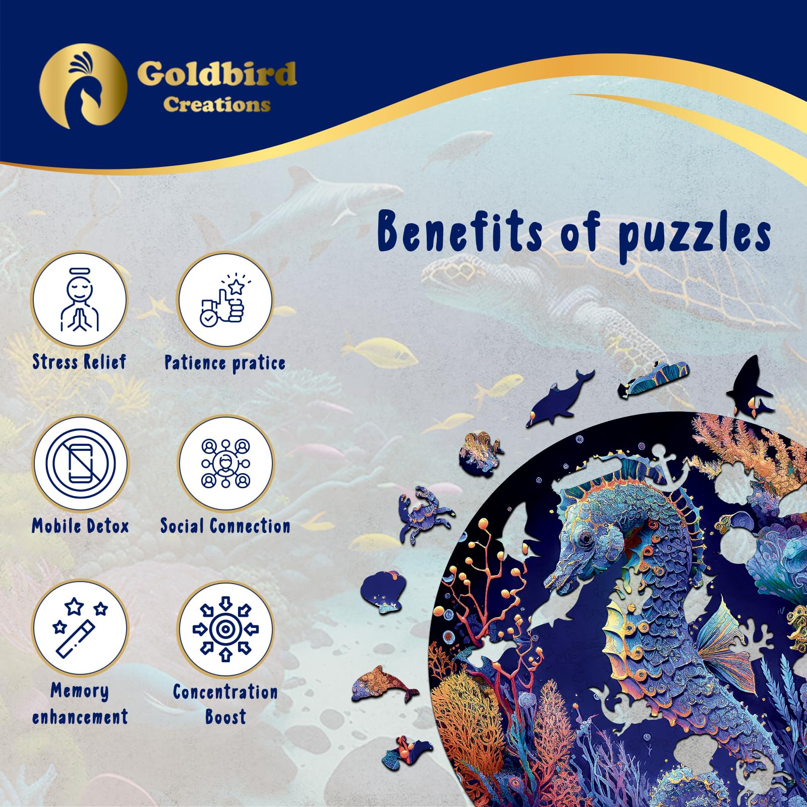 Wooden Jigsaw Puzzles for Adults - Animal Shaped Puzzles - Round Wooden Ocean Puzzles - Christmas & Birthday Gift Idea - Seahorse