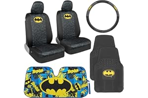 Batman Car Seat Covers Bundle – Licensed Front Seat Covers with Matching Belt Pads, Steering Wheel Cover, Car Floor Mats & Wi