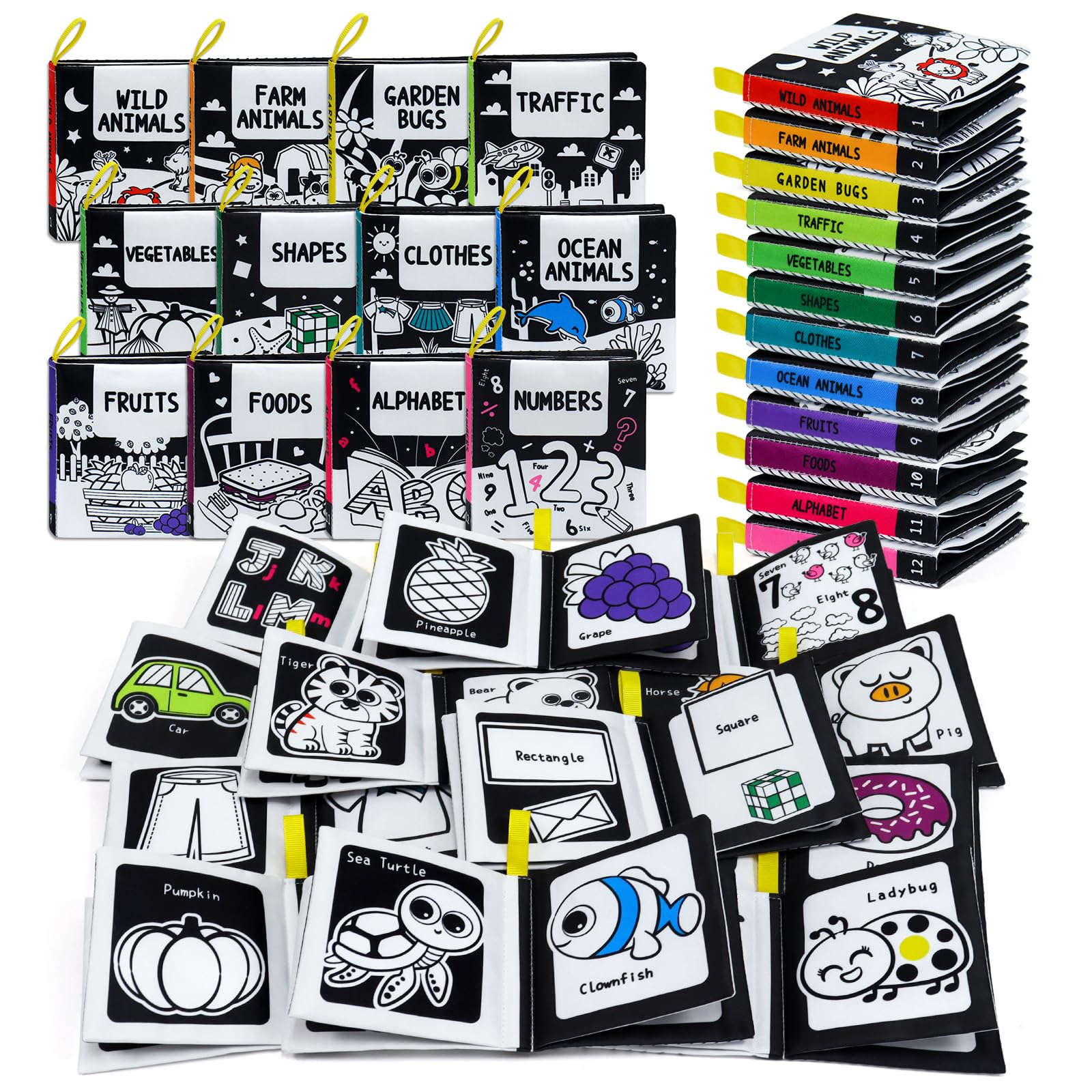 OKOOKO 12 Pack Soft Baby Book, Bath Book, Baby Crinkle Books, Black and White High Contrast Toy, Washable Nontoxic Educational Learning Toy