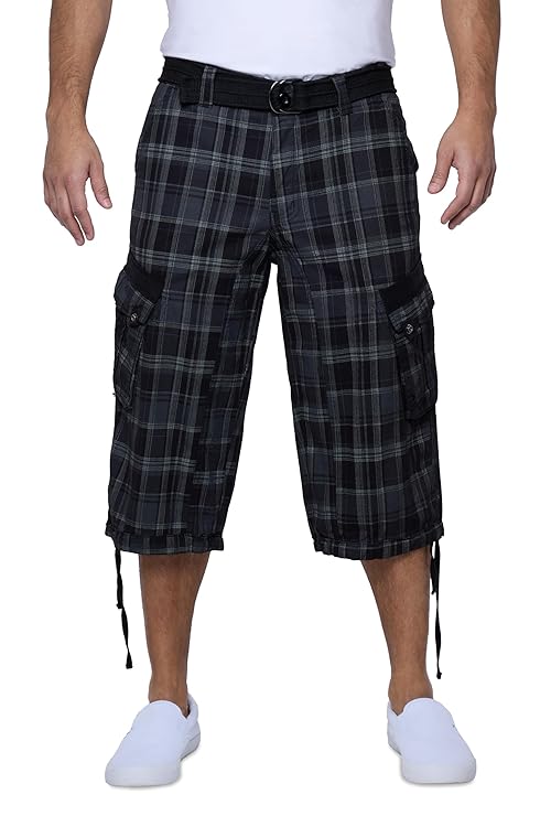 X RAY Men's Belted Long Cargo Shorts for Men, Below Knee Length Mens Cargo Shorts, 3/4 Pants (Big and Tall Shorts for Men), Plaid Charcoal, 48
