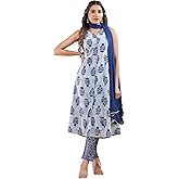 Janasya Indian Women's Cotton Indigo Ethnic Print Casual Wear Kurta Set for Women