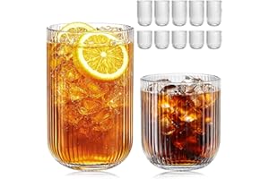 Set of 12 Ribbed Glassware, 6 Highball Glasses 14oz & 6 Rocks Drinking Glasses 9oz, Clear, Origami Style, Fluted Design, for 