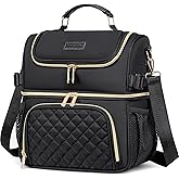 Romenrita Lunch Bags for Women, Dual Compartment Lunch Box Lunch Bag for Work, Leakproof Lunch Cooler Large Insulated Lunchbox for Adult for Women Men, Lunchbag for Picnic Beach (Black)