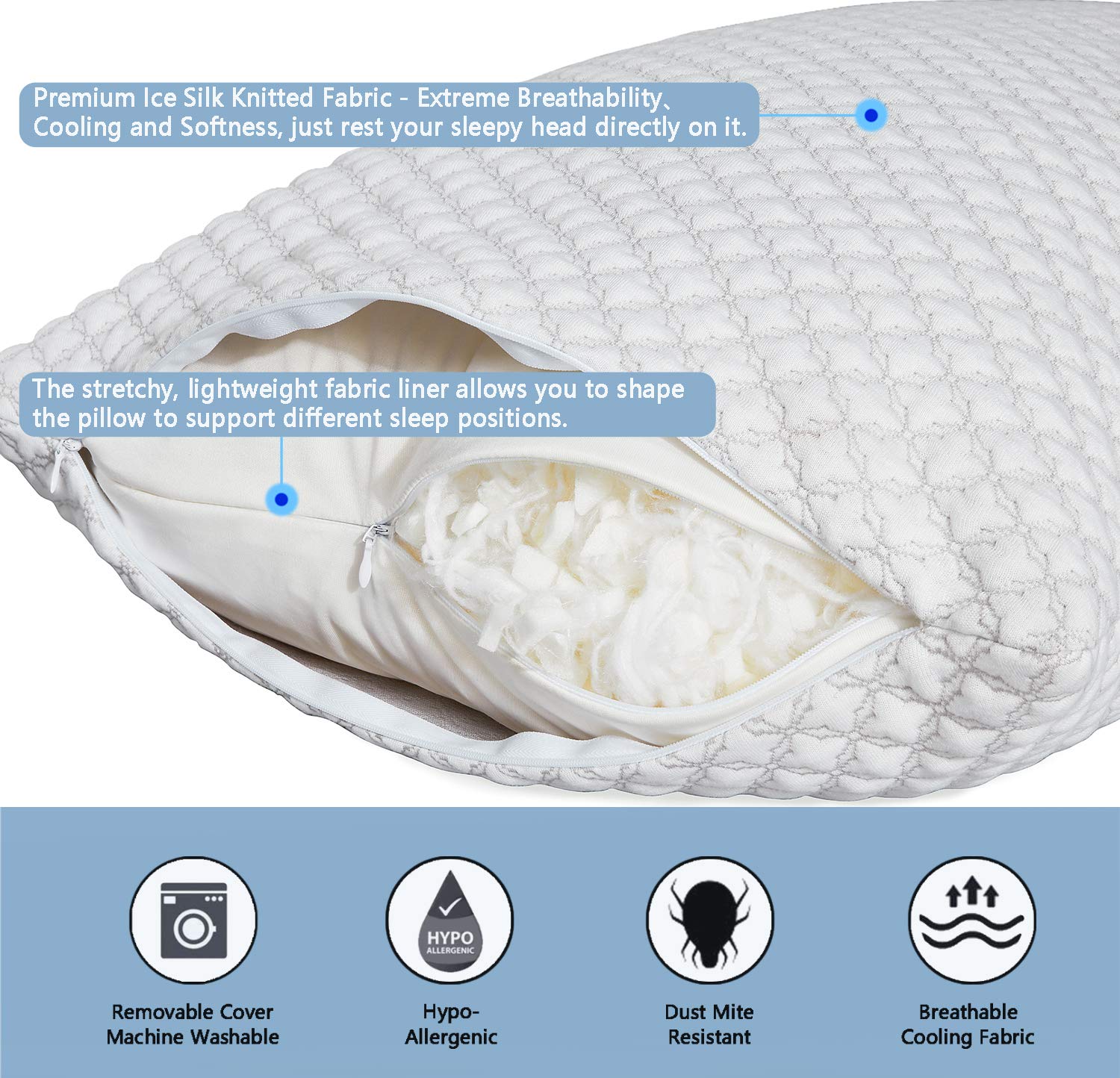 KUNPENG Shredded Memory Foam Pillows for Sleeping Cooling Bed Pillow