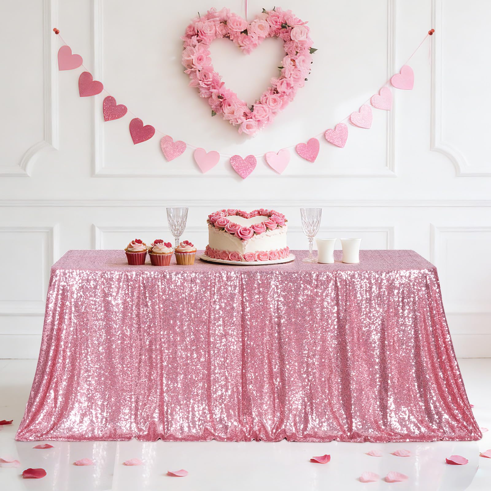 Eternal Beauty Fuchsia Pink Sequin Tablecloth， 50x80-inch Rectangle Glitter Table Cloth for Valentines Birthday Party Wedding Decoration