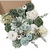 Khyxvbcd 30 Pcs Artificial Flowers Combo Green Flowers Mix Silk Flowers Dahlia Roses with Stems for DIY Wedding Bridal Bouquets, Baby Shower, Floral Arrangement, Table Centerpieces, Home Decorations.