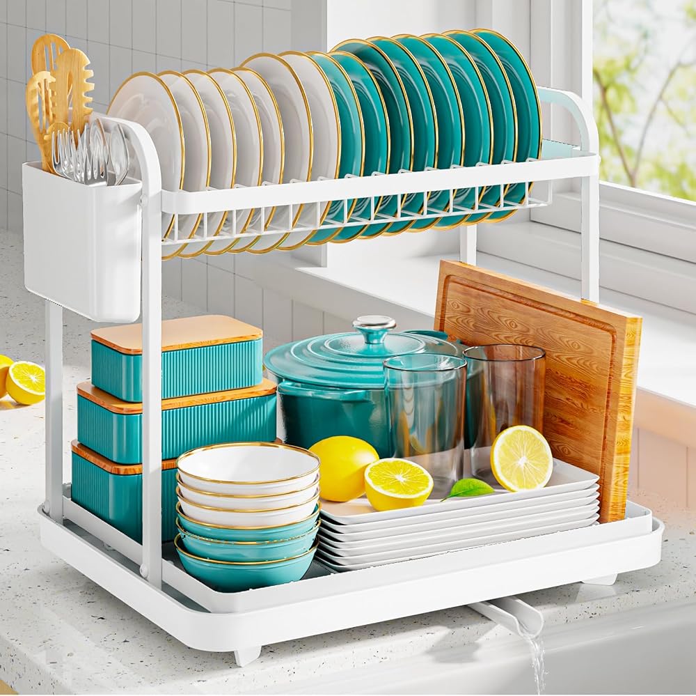 Kitsure Dish Drainer Rack 2-Tier Stainless Steel Space Saving White