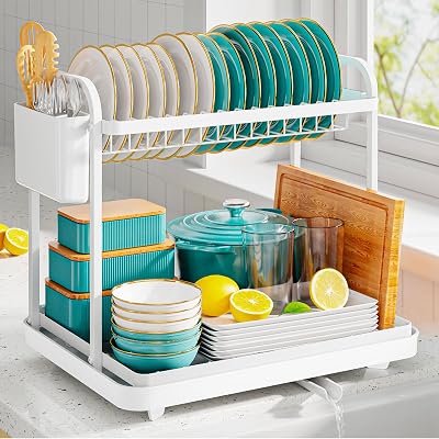 Kitsure Dish Drainer Rack 2-Tier Stainless Steel Space Saving White