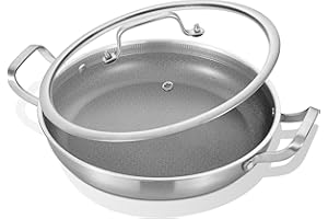 Inqibee 12.5-Inch Ceramics Hybrid Tri-Ply Stainless Steel Non Stick Paella Pan with Lid,Griddle,Large Skillet,Induction Cooki