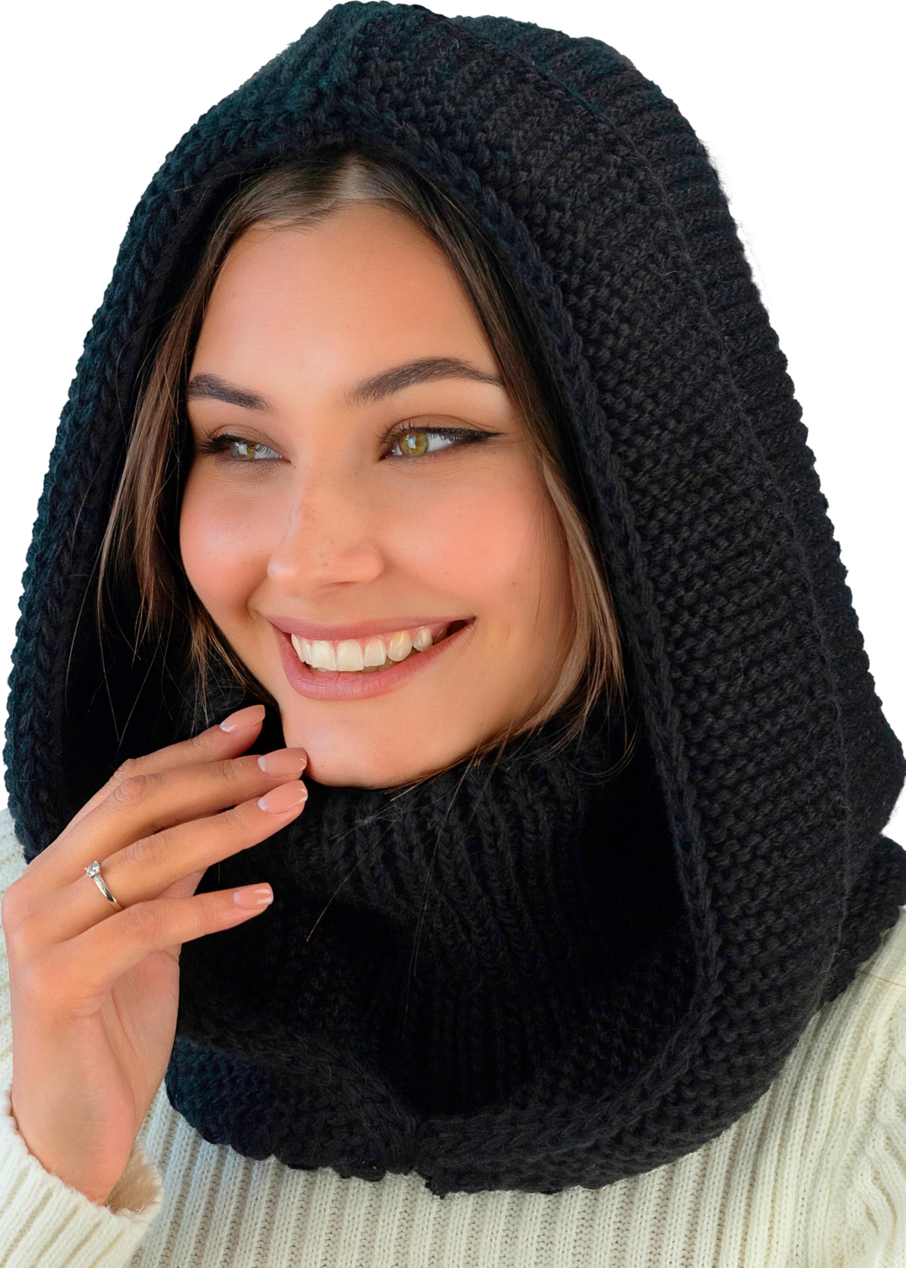 Photo 1 of niceacsrise Black Knit Hooded Scarf for Women - Balaclava Detachable Hood with Neck Gaiter - Hat Scarf Combo