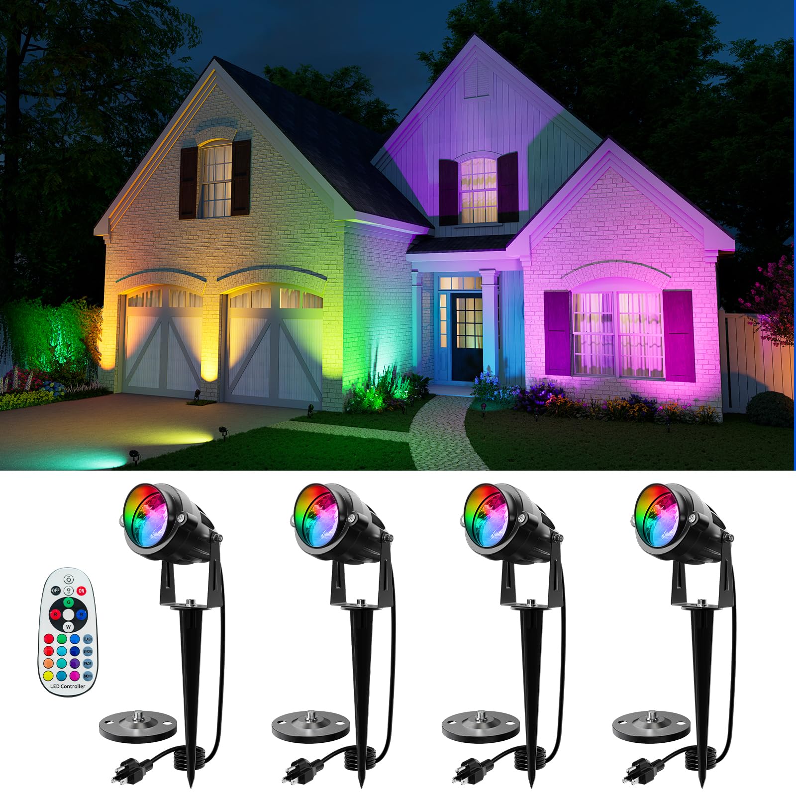 Photo 1 of 4 Pack RGB Landscape 12W Spotlights for Outdoor & Indoor Decoration Waterproof 120V Wired Color Changing Spot Light with Remote for Lighting Garden Tree, Potted Flowers, Cabinet Display, Artwork