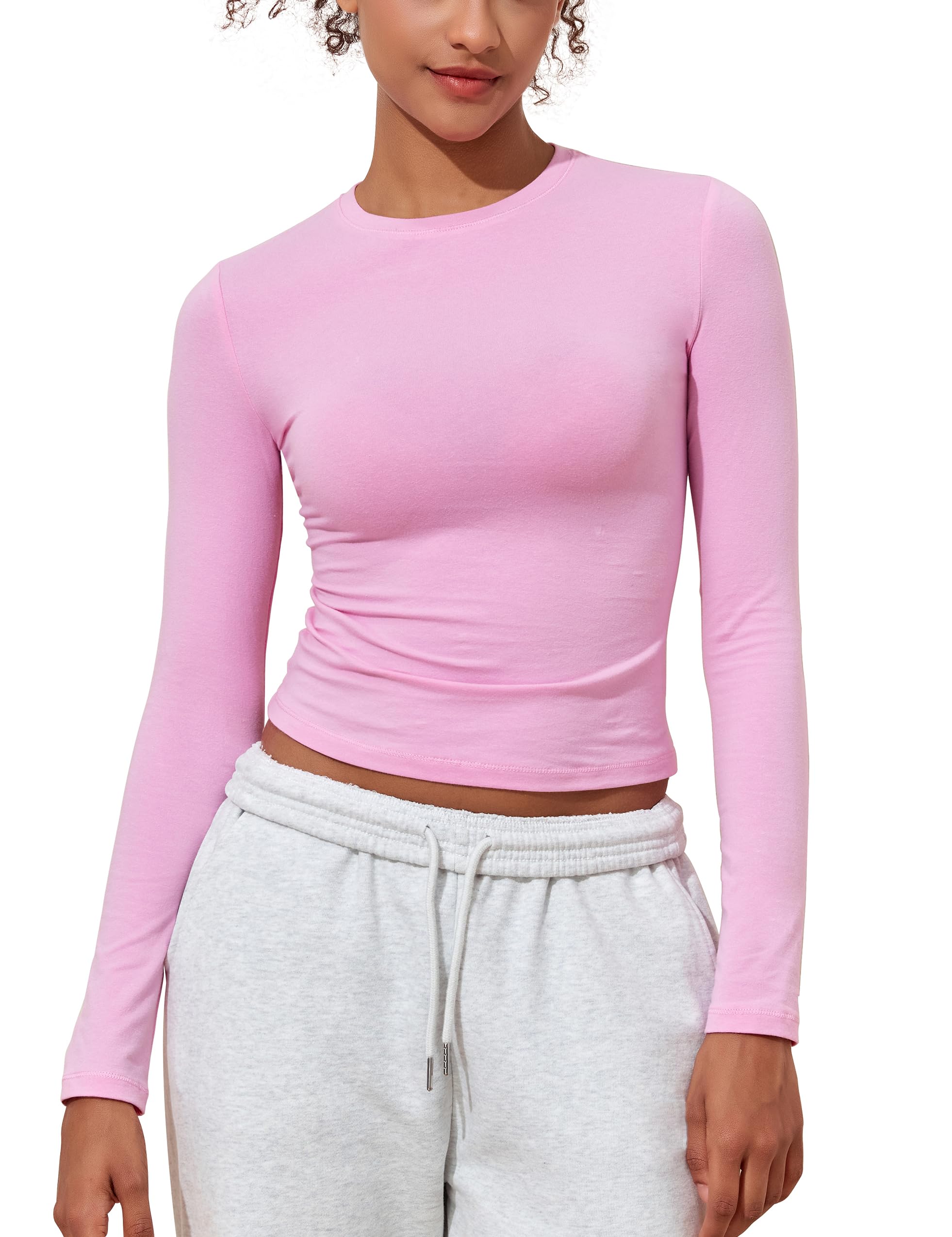 Photo 1 of *small* PrettyGuide Womens Long Sleeve Shirts Cotton Basic Crop Tops Fall Fashion Slim Fitted Layering Tops Sugar Pink S