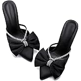 Coutgo Womens Bow Heels Mules Pointed Closed Toe Sandals Rhinestone Satin Backless Wedding Shoes