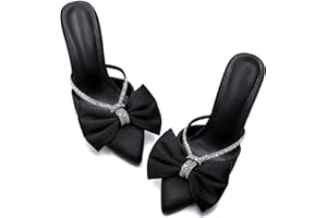 Coutgo Womens Bow Heels Mules Pointed Closed Toe Sandals Rhinestone Satin Backless Wedding Shoes