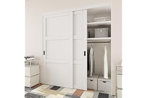 JUJUBON Closet Sliding Door, 72"×80"(Double Doors 37"), 3 Panel Sliding Door with Hardware Kit, Pre-Drilled Door Panel, MDF with Paintable Surface, Need to Assemble, White