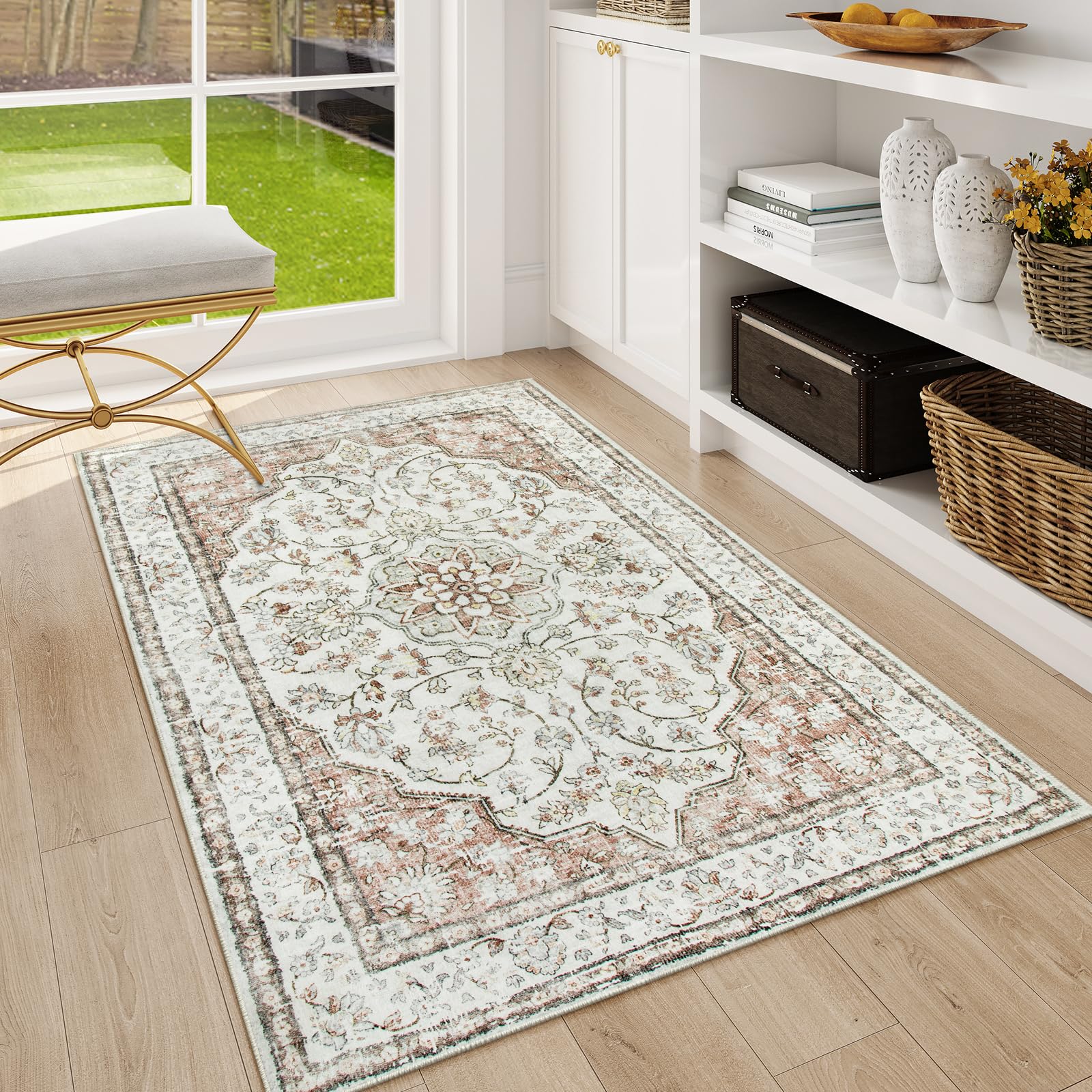Photo 1 of Lahome Oriental Throw Rug,3x5 Kitchen Rugs Non-Slip Washable,Ultra-Thin Boho Entryway Rug Indoor Entrance,Traditional Vintage Bathroom Rugs and Mats Soft for Bedroom Living Room,(3x5ft,Terracotta)