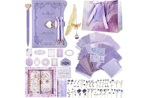 Janlaugh DIY Journal Diary with Lock Set Scrapbook Kit Stationary Diary Supplies Art Crafts Kit for Birthday Holidays Ideal Gifts for Women Teen Girls(Purple,Bright)