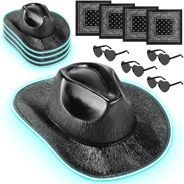 5197 12 Pcs Led Cowgirl Cowboy Hat Set Include 4 Light Up Hats Bandanas Amazon.com: Jeere 12 Pcs Cowboy Light up Hat Set Include 4  main image 3