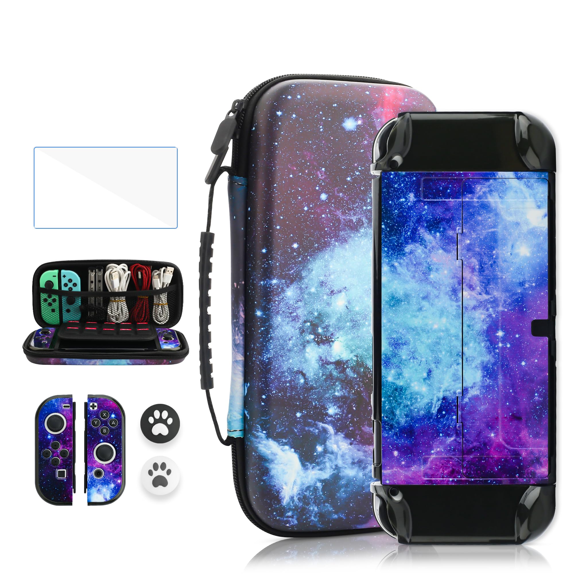FANPL Case Bundle for Nintendo Switch OLED Accessories, Carrying Case for Switch OLED and Joy Con Controller with Hard Flip Protective Cover and Screen protector, 2 Thumb Grips (Starry Sky)